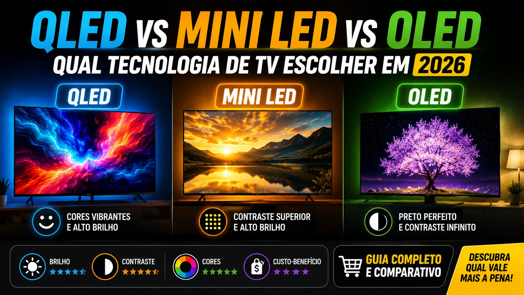 QLED vs Mini LED vs OLED: qual tecnologia de TV escolher em 2026