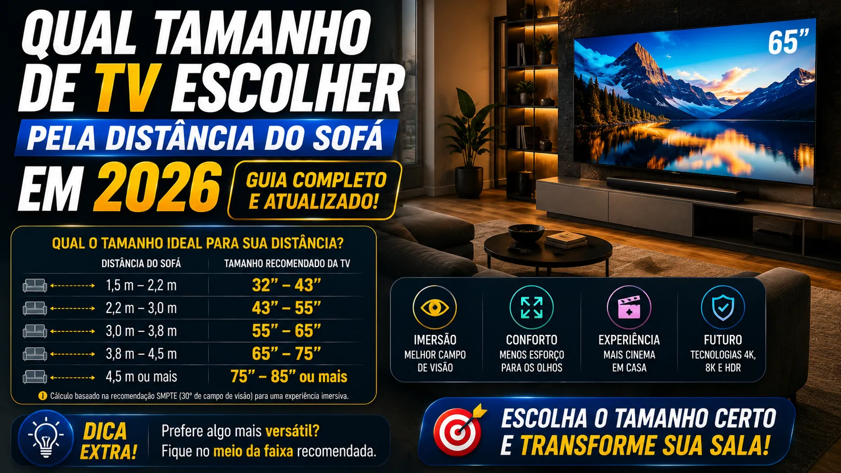 Qual tamanho de TV escolher pela distância do sofá em 2026